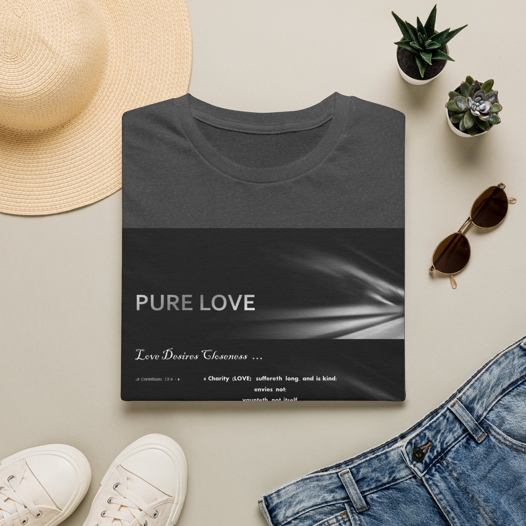 T-Shirt — "Pure Love" Minimalist Graphic Tee (Monochrome, Romantic Lyrics)