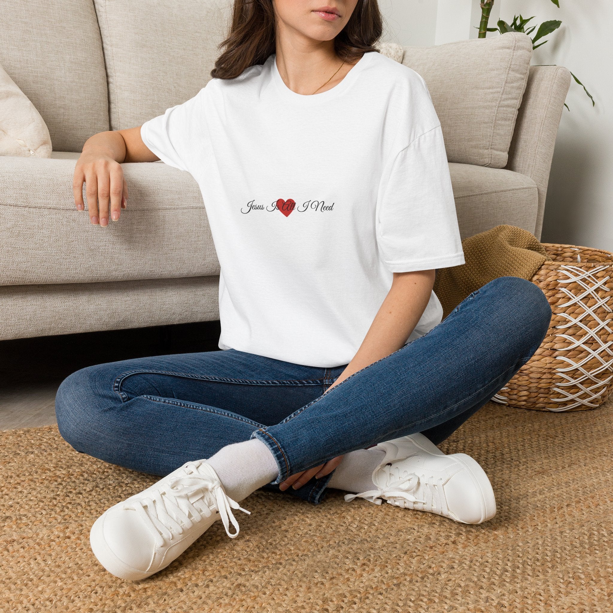 T-Shirt — Jesus Is All I Need Heart Script Faith Tee