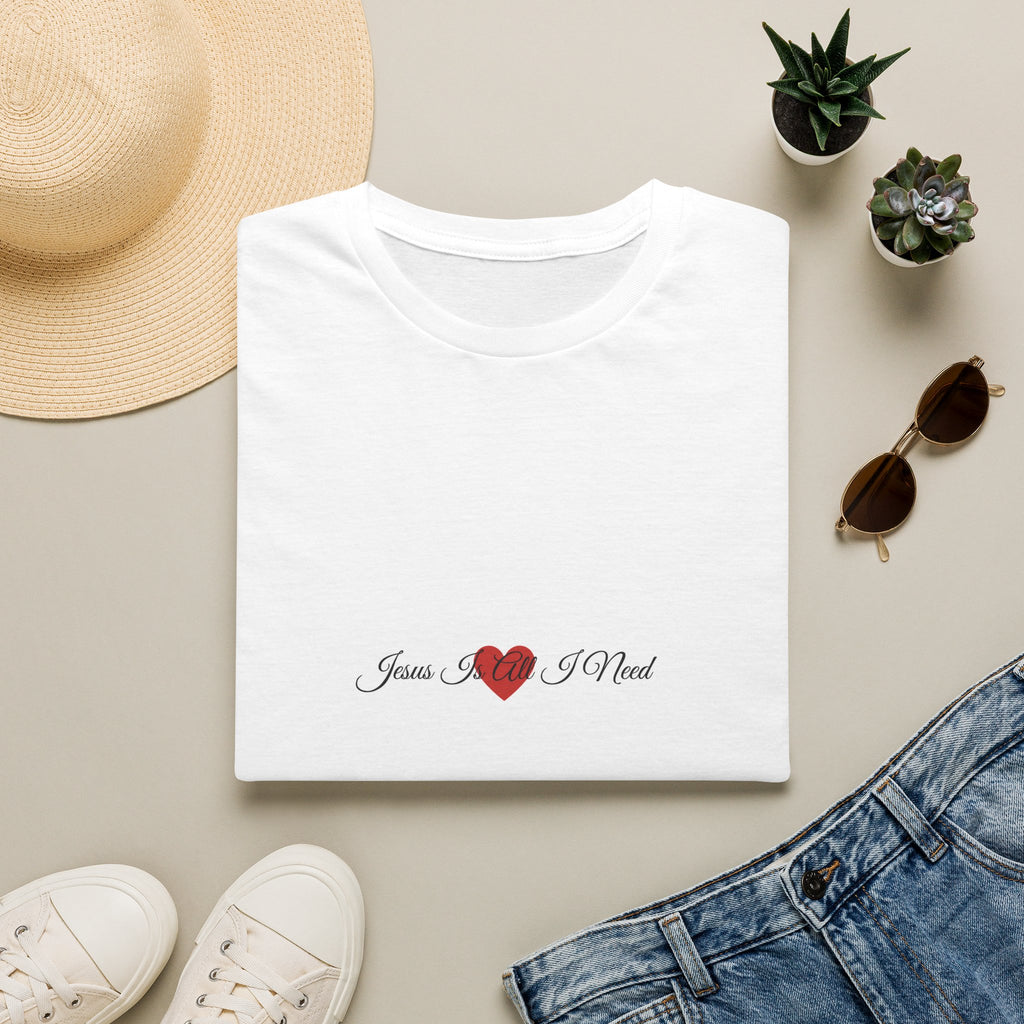 T-Shirt — Jesus Is All I Need Heart Script Faith Tee